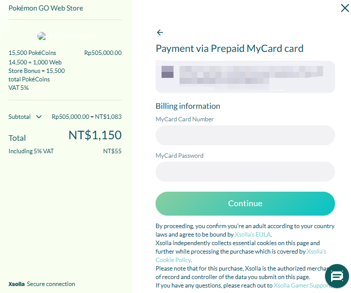 MYCARD 1150 can use in web store buy 15500coin/可儲POKEMON GO15500金幣